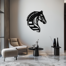 American Flag Horse Head Metal Wall Art – Patriotic Black Steel Equine Decor for Home, Barn and Ranch Interiors- KAF445