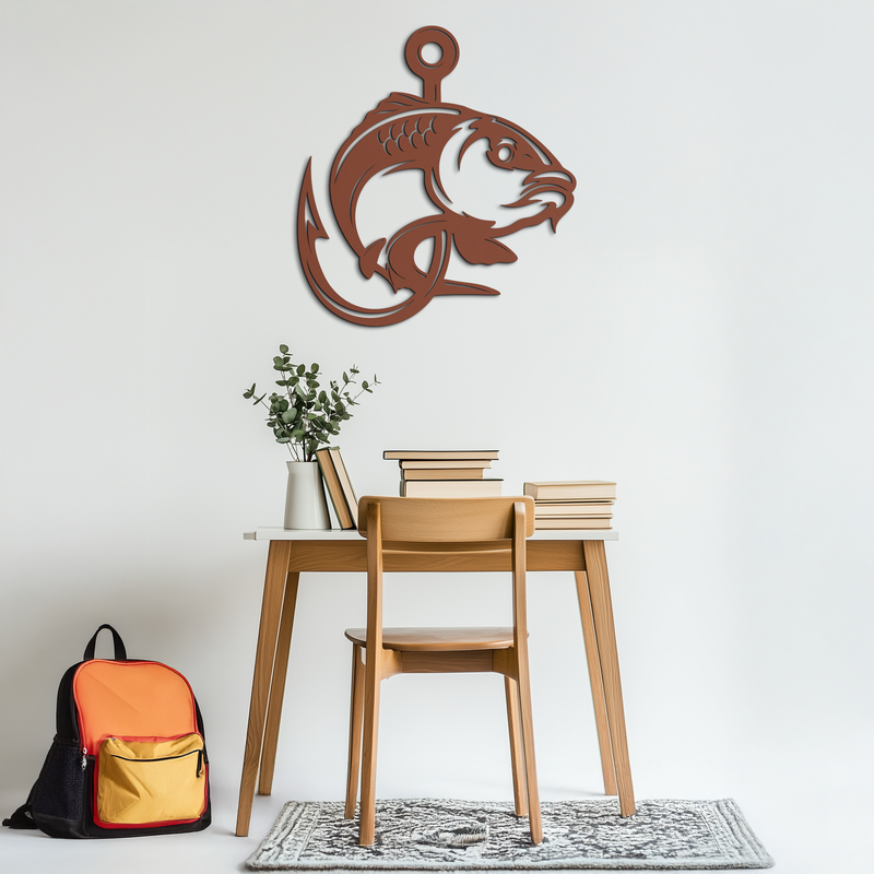 decorative fish wall hooks Fishing Hook and Fish Silhouette Metal Wall Art – Black Steel Angler's