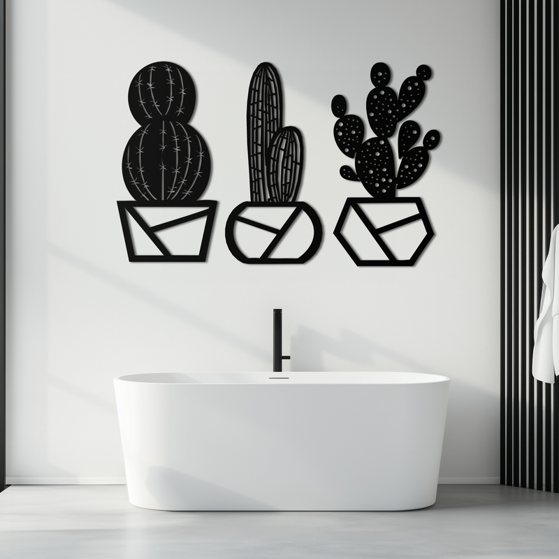 geometric succulent art Geometric Cactus Set Metal Wall Art – Modern Black Steel Succulent Dec