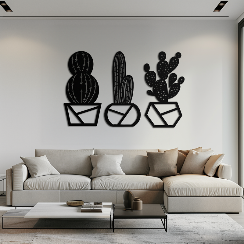 geometric succulent art Geometric Cactus Set Metal Wall Art – Modern Black Steel Succulent Dec