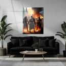 Warrior Battle Scene Glass Wall Art – Epic Medieval Combat in Fiery Detail-KAFCD006