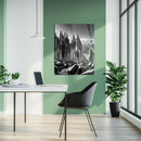 Monochrome Crystal Landscape Glass Wall Art – Black and White Geometric Nature Scene-KAFCD007