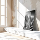Monochrome Crystal Landscape Glass Wall Art – Black and White Geometric Nature Scene-KAFCD007