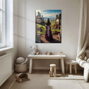 Lady in Ruins Glass Wall Art – Romantic Historical Scene with Sunset Landscape-KAFCD012
