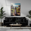 Lady in Ruins Glass Wall Art – Romantic Historical Scene with Sunset Landscape-KAFCD012