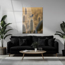 Wheatfield Bird Glass Wall Art – Serene Nature Scene with Golden Light & Minimalist Charm-KAFCD017