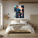 Urban Hoodie Figure Glass Wall Art – Moody Neon City Street UV Print-KAFCD038