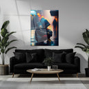 Urban Hoodie Figure Glass Wall Art – Moody Neon City Street UV Print-KAFCD038