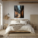 Old European Street Glass Wall Art – Moody Cobblestone Alley UV Print-KAFCD044