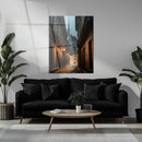 Old European Street Glass Wall Art – Moody Cobblestone Alley UV Print-KAFCD044
