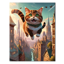 Flying Happy Cat Glass Wall Art – Fantasy City Adventure UV Print-KAFCD058