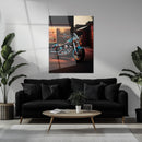 Night Rider Motorcycle UV Glass Wall Art – Classic Chrome Cruiser in Neon Street-KAFCD068