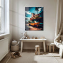 Tropical Abandoned Car UV Glass Wall Art – Rusty Vintage Ride by the Deserted Motel-KAFCD069