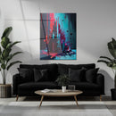 Urban Neon Explosion – Abstract Geometric UV Glass Wall Art in Red and Cyan-KAFCD086