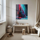 Urban Neon Explosion – Abstract Geometric UV Glass Wall Art in Red and Cyan-KAFCD086