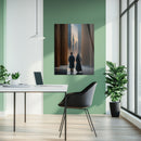 Mystical Passage UV Glass Wall Art – Monastic Figures in a Futuristic Cityscape - KAFCD091