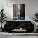 Mystical Passage UV Glass Wall Art – Monastic Figures in a Futuristic Cityscape - KAFCD091