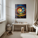 Mystical Portal Glass Wall Art – Vibrant Floral Gateway with Sun and Moon Spiral Energy Print- KAFCD117