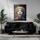 Colorful Screaming Woman Glass Wall Art – Vibrant UV Print of Abstract Expression and Surreal Face Art- KAFCD118