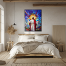 Jesus Stained Glass Wall Art – Radiant Christian UV Glass Print with Sacred Light and Floral Design- KAFCD119