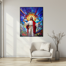 Jesus Stained Glass Wall Art – Radiant Christian UV Glass Print with Sacred Light and Floral Design- KAFCD119