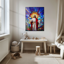 Jesus Stained Glass Wall Art – Radiant Christian UV Glass Print with Sacred Light and Floral Design- KAFCD119