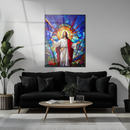 Jesus Stained Glass Wall Art – Radiant Christian UV Glass Print with Sacred Light and Floral Design- KAFCD119