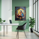 Virgin Mary and Baby Jesus Stained Glass Wall Art – Sacred UV Glass Print with Radiant Halo and Floral Motif- KAFCD120