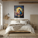 Virgin Mary and Baby Jesus Stained Glass Wall Art – Sacred UV Glass Print with Radiant Halo and Floral Motif- KAFCD120