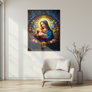 Virgin Mary and Baby Jesus Stained Glass Wall Art – Sacred UV Glass Print with Radiant Halo and Floral Motif- KAFCD120