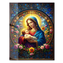 Virgin Mary and Baby Jesus Stained Glass Wall Art – Sacred UV Glass Print with Radiant Halo and Floral Motif- KAFCD120