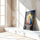 Virgin Mary and Baby Jesus Stained Glass Wall Art – Sacred UV Glass Print with Radiant Halo and Floral Motif- KAFCD120