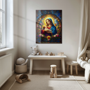 Virgin Mary and Baby Jesus Stained Glass Wall Art – Sacred UV Glass Print with Radiant Halo and Floral Motif- KAFCD120