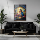 Virgin Mary and Baby Jesus Stained Glass Wall Art – Sacred UV Glass Print with Radiant Halo and Floral Motif- KAFCD120