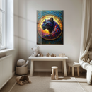 Stained Glass Panther Wall Art – Majestic UV Printed Glass Panel with Sunset and Floral Mosaic Design- KAFCD121