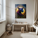 Stained Glass Panther Art – Vibrant Mosaic UV Printed Glass Wall Decor with Golden Light and Bold Jungle Colors- KAFCD122