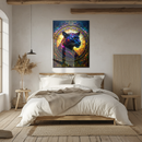 Stained Glass Panther Art – Vibrant Mosaic UV Printed Glass Wall Decor with Golden Light and Bold Jungle Colors- KAFCD122