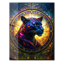 Stained Glass Panther Art – Vibrant Mosaic UV Printed Glass Wall Decor with Golden Light and Bold Jungle Colors- KAFCD122