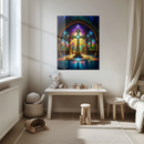 Stained Glass Cross Art – Radiant UV Printed Glass Wall Decor with Gothic Arches and Sacred Light Beams- KAFCD123
