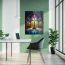 Stained Glass Cross Art – Radiant UV Printed Glass Wall Decor with Gothic Arches and Sacred Light Beams- KAFCD123