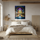 Stained Glass Cross Art – Radiant UV Printed Glass Wall Decor with Gothic Arches and Sacred Light Beams- KAFCD123