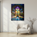 Stained Glass Cross Art – Radiant UV Printed Glass Wall Decor with Gothic Arches and Sacred Light Beams- KAFCD123