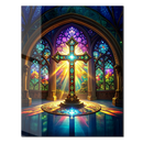Stained Glass Cross Art – Radiant UV Printed Glass Wall Decor with Gothic Arches and Sacred Light Beams- KAFCD123
