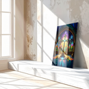 Stained Glass Cross Art – Radiant UV Printed Glass Wall Decor with Gothic Arches and Sacred Light Beams- KAFCD123