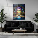 Stained Glass Cross Art – Radiant UV Printed Glass Wall Decor with Gothic Arches and Sacred Light Beams- KAFCD123