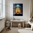 Sacred Tree of Life Glass Wall Art – Illuminated UV Print with Golden Roots and Celestial Dome Design- KAFCD124