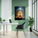 Sacred Tree of Life Glass Wall Art – Illuminated UV Print with Golden Roots and Celestial Dome Design- KAFCD124