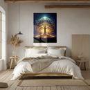 Sacred Tree of Life Glass Wall Art – Illuminated UV Print with Golden Roots and Celestial Dome Design- KAFCD124
