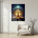 Sacred Tree of Life Glass Wall Art – Illuminated UV Print with Golden Roots and Celestial Dome Design- KAFCD124