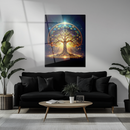 Sacred Tree of Life Glass Wall Art – Illuminated UV Print with Golden Roots and Celestial Dome Design- KAFCD124